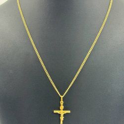 18k solid yellow gold cross pendant & 14k gold 19” curb chain necklace