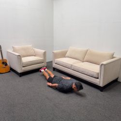 Z Gallerie Oversized Sofa + Loveseat Chair (Orig Retail was 3.8k!) Light Beige / Cream Velvet Fabric