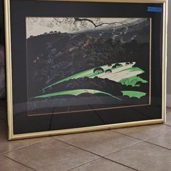 Eyvind Earle Framed Artwork 1983 " Green Valley" & 1984 Publisher Exhibition Ad 