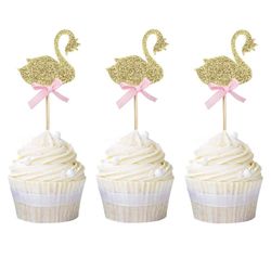 24 Pack Swan Cupcake Toppers with Pink Bow Glitter Cake Decoration Picks