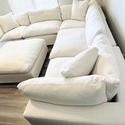 American Signature Kroehler Plush Down Feather Cloud Sectional & Ottoman, Ivory Performance Fabric