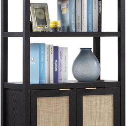 Bookshelf 5 Tier Book Shelf Rattan Boho Tall Bookcase with Doors Storage Wood Shelves Large Bookshelves Farmhouse Bookcases Book Case for Living Room 