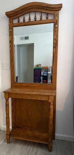Vintage wood entry table/coat rack/mirror