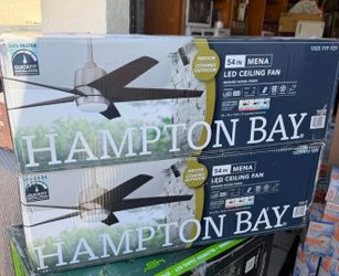 Hampton Bay Mena 54 in. White Color Changing Integrated LED Indoor/Outdoor Brushed Nickel Ceiling Fan with Light Kit and Remote $110 EACH BRAND NEW FI