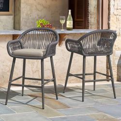 Slate Gray 26.8 in 2-Piece Aluminum Legs Outdoor Chaise Lounge Woven Rope Backrest Armrest Outdoor Patio Bar Chairs