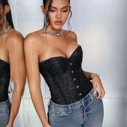 Women's Lace up Strapless Overbust Corset Bustier Top Lingerie Push up Bodyshaper