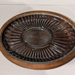Vintage Glass Vegetable Tray on Solid Wooden Base 