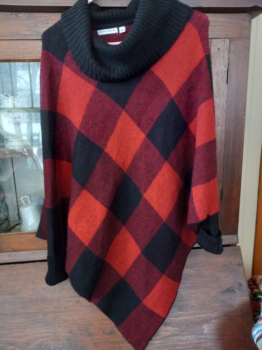 Buffalo Check Sweater Cowl Neck Plaid Poncho bat arms size M women's