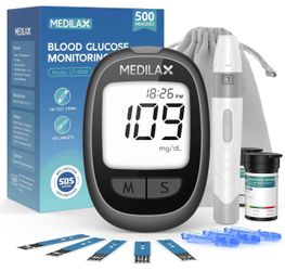 Medilax Blood Glucose Monitor Kit, 100 Test Strips & 100 Lancets Blood Sugar Testing Kit with Glucometer and Lancing Device, No Coding, 500 Storage Gl