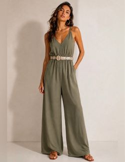Bebe Olive Green V-Neck Wide-Leg Jumpsuit