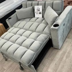 Gray velvet loveseat pullout sleeper Sofa bed with cup holders 