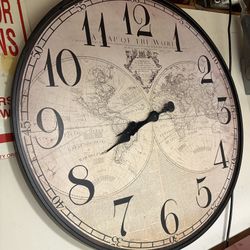 Three Hands world map 32” large vintage style metal/wood wall clock