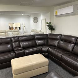 Furniture- Real Top Grain Leather Zero Gravity 6 Pc Sectional With 3 Power Recliners- Hutchenson