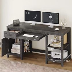 Large Chargeable Computer Desk with Storage and Shelves