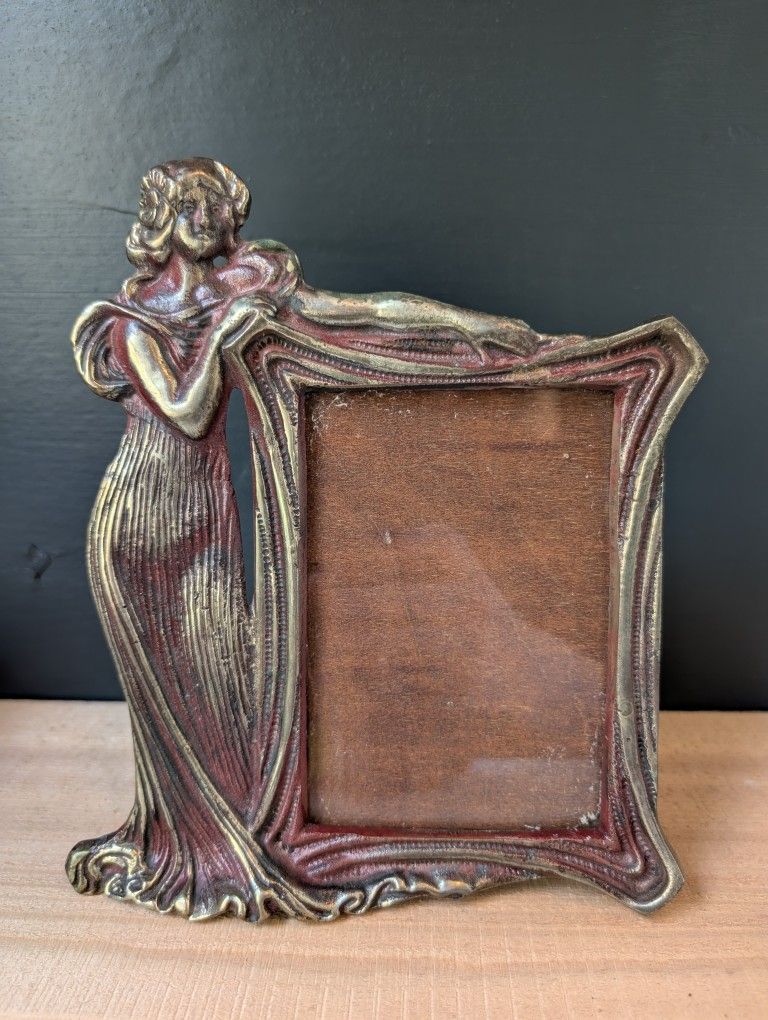Unique Antique Art Nouveau Brass Lady Frame