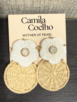 Camila Coelho Carved Mother of Pearl floral Stud hand-woven rattan drop earrings