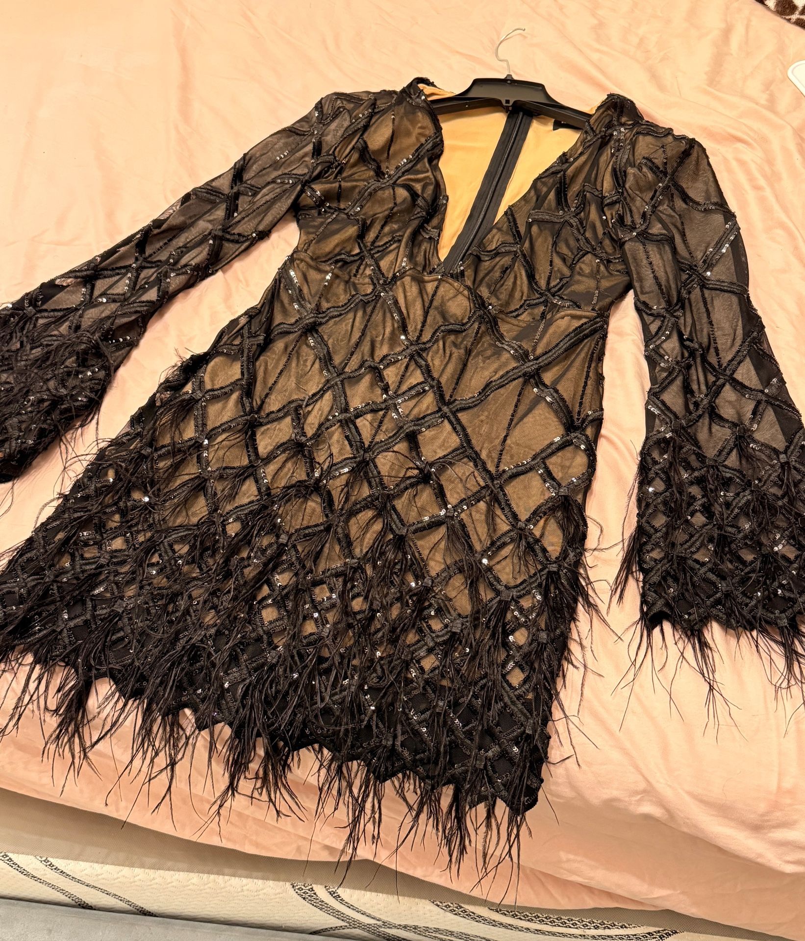 Black Sheer Fringe Net Dress – XL Fit, Party/Club Wear