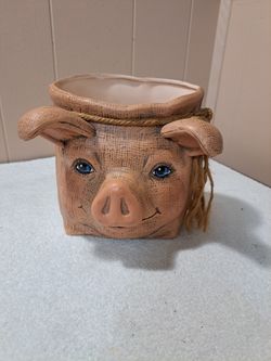 Ceramic Blue eyed Piggie Planter Burlap Sack Design 7" 