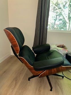 Mid-Century Lounge Chair & Ottoman – Top Grain Leather, faux walnut finish