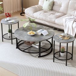 Coffee Table Set of 3, Wooden Living Room Center Table with 2 End Tables, Middle Table and Side Tables Set with Storage Shelves, 3 Pieces Tea Table Se