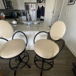2 Cream Swivel Bar Stools Beige Black Metal 30” Inches Tall Two Off White