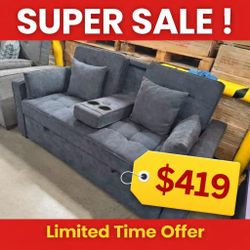 70"W Dark Gray Woven Fabric Convertible Sleeper Loveseat with Dropdown Console, Cup Holders, Charging Ports, Pocket, and Pocket Coil Seating