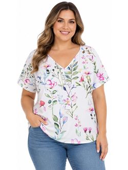 Emery Rose Women's XXL White Pink Floral Print V-Neck Short Sleeve Top
