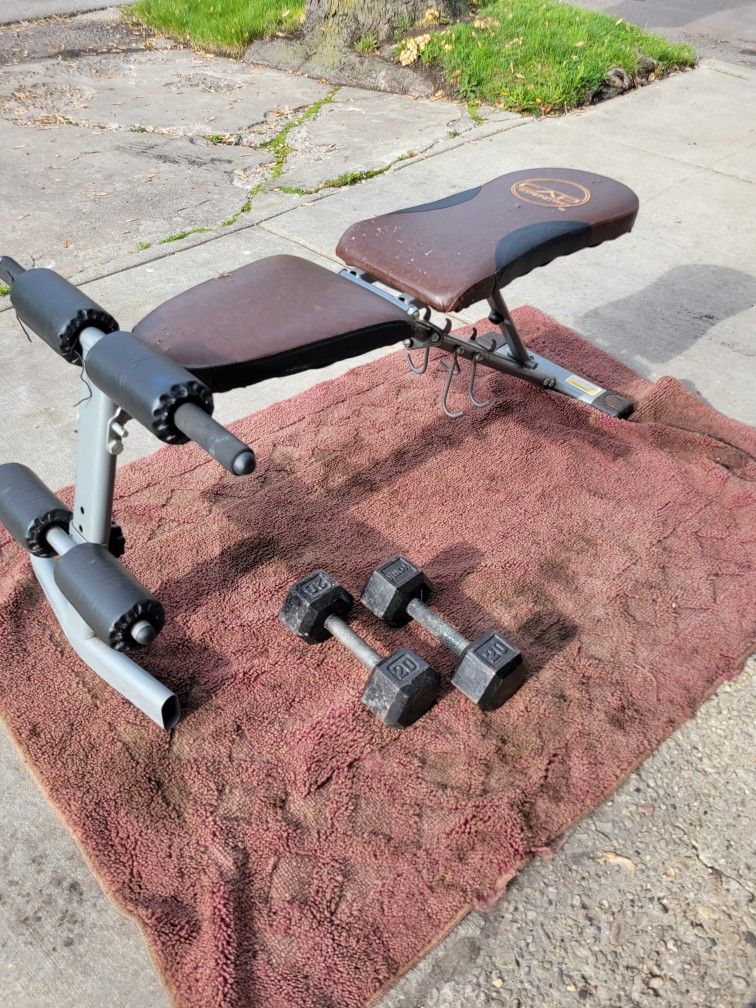 CAPS. ADJUSTABLE BENCH (90%- SITUP) DUMBBELLS HOOKS UNDERNEATH  EXCELLENT CONDITION WITH A SET OF 25LB HEXHEAD DUMBBELLS TOTAL 50LBs 
7111.S WESTERN W