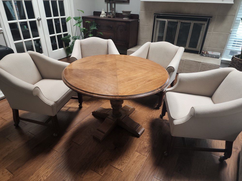 42" Solid, Round, Wood Table with Rolling Chairs 
