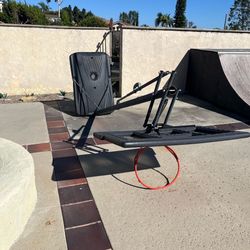 Adj basketball hoop, soccer net and dumbbell set