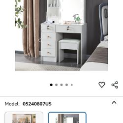 White Vanity Set with sliding 
 Mirror, Stool & Storage
