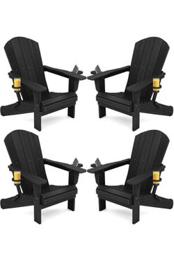 SERWALL HDPE Folding Adirondack Chair with Dual Cup Holder - Composite Adirondack Chair Set of 4- Black brand new in box $265 C9（8）