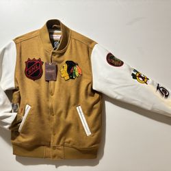 Blackhawks Tan Dusted M&N Varsity Jacket 