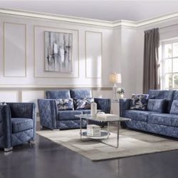 Emilia 2-Tone Blue Sofa & Loveseat W/Baguette Shape Tufted Diamonds 