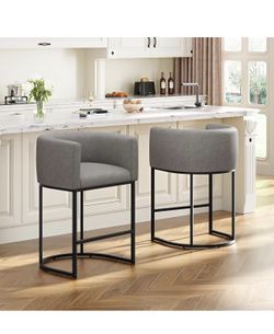 26" H Counter Height Bar Stools Set of 2, Modern Barrel Counter Stools with Backrest and Arms, Linen Fabric Upholstered Accent Barstools for Kitchen I