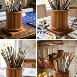 MCM Danish Modern Teak Revolving Desktop Caddy – Slatted Tambour Swivel Organizer