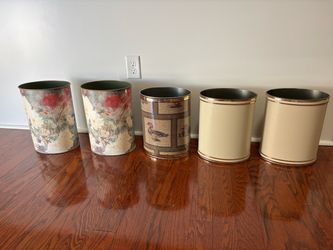Vintage Metal Decorator Wastebaskets Set of 5 - Floral, Duck, Cream & Gold