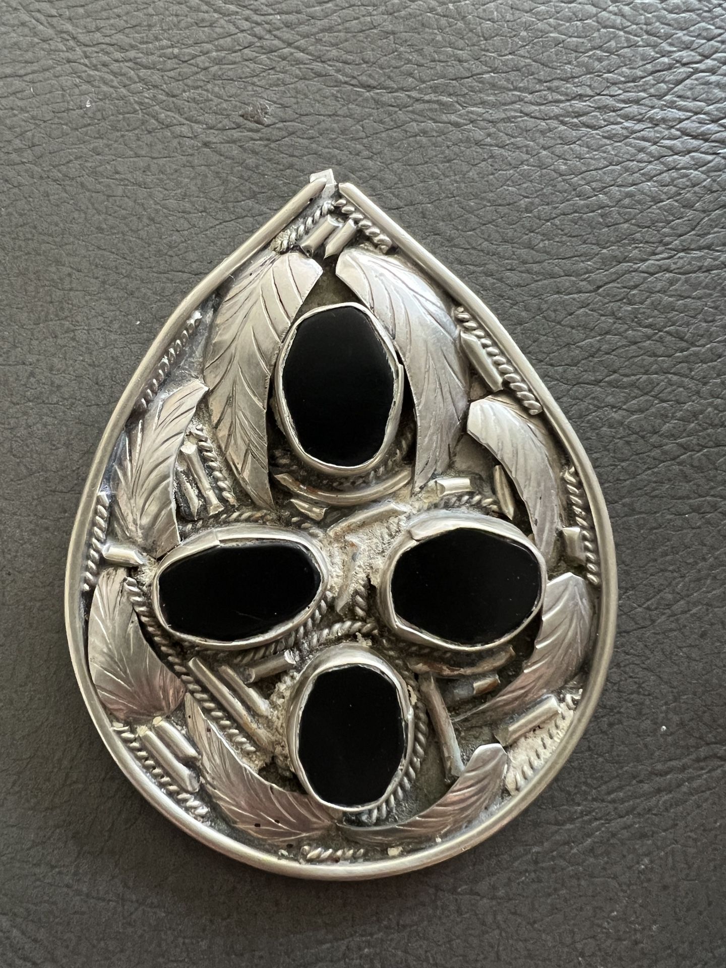 Handmade Silver Black Onyx Large Pendant/Charm /Belt Buckle 3”x 2”