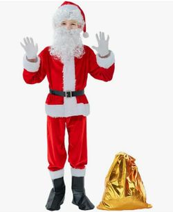 New Boys Santa Costume Kids Santa Suit 9 PCS Youth Santa Costume for Halloween Christmas Holiday Cosplay Party, Small