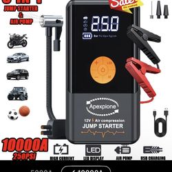 Jump Starter with Air Inflator, 10000A Portable Car Battery Jump Starter(2.64gal Gas/2.25gal Diesel), 12V Battery Charger Boost, 250PSI Auto-Shutoff T