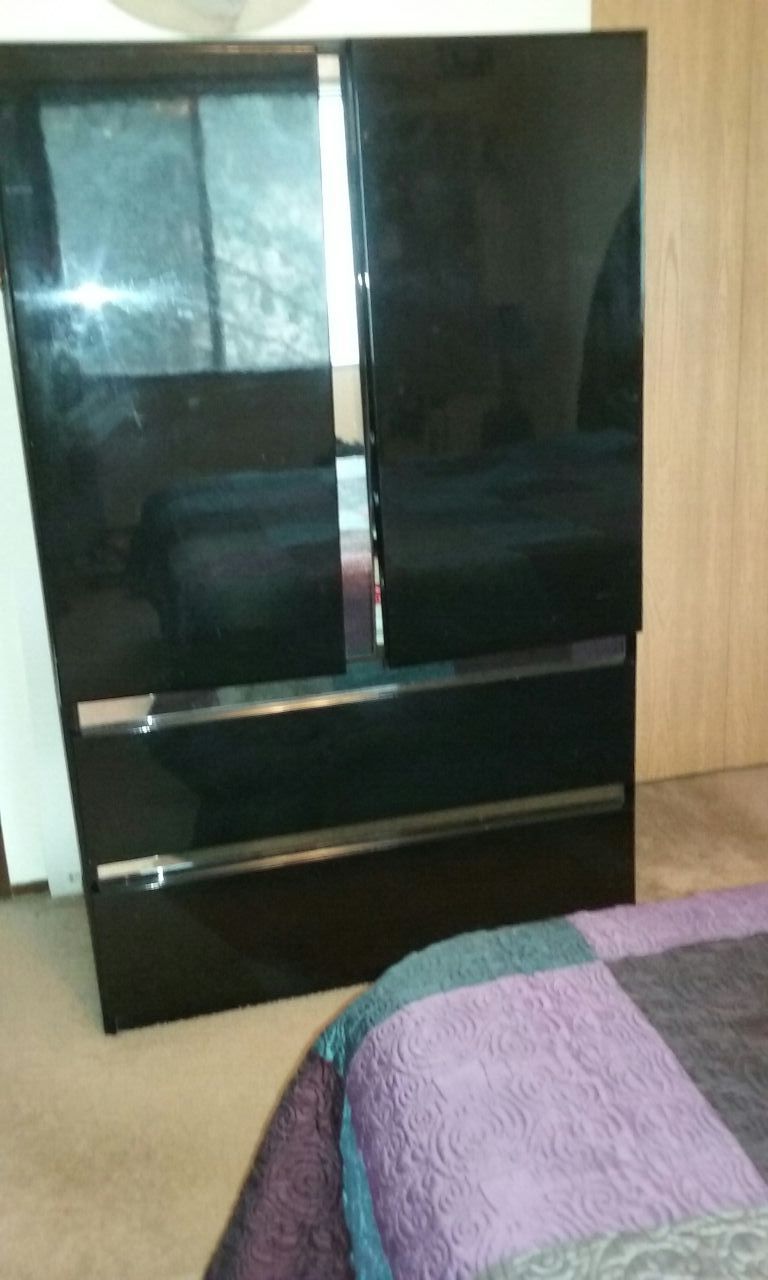 Millennium black lacquer armoire, dresser/mirror & night stand