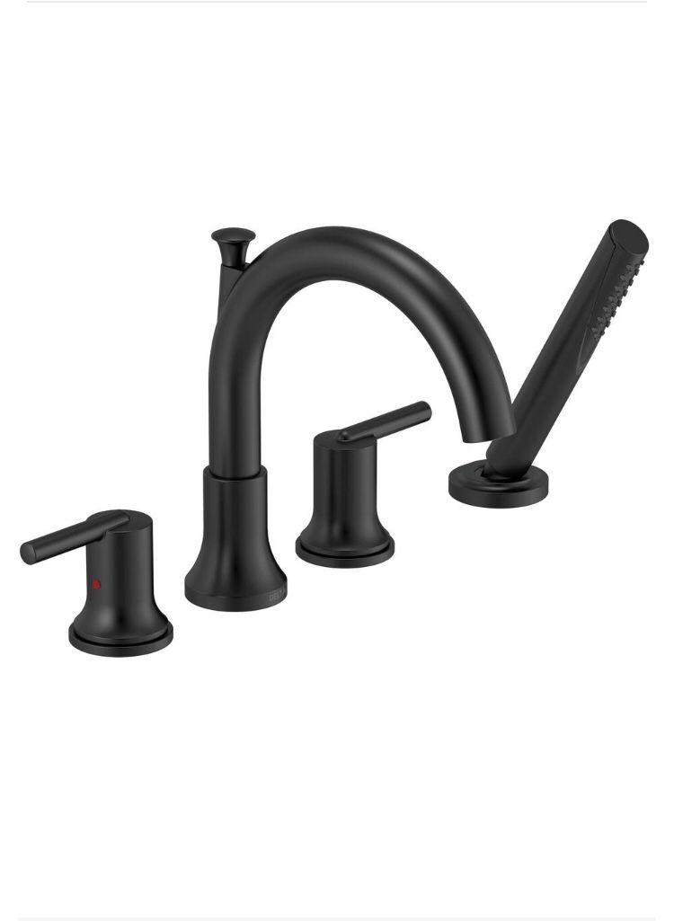 Delta Trinsic 2-Handle Deck-Mount Roman Tub Faucet Trim Kit in Matte Black with Handheld Showerhead (Valve Not Included)