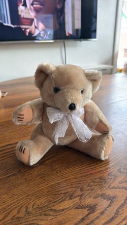 Vtg Tan Plush Bear White Lace Ribbon Jointed 11”