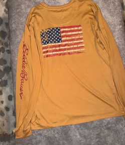 Eddie Bauer Men's Long-Sleeve Flag Tee in Mustard with Red Script 2X