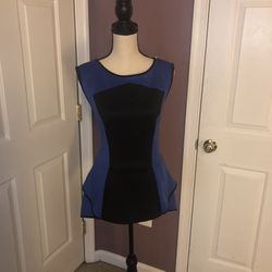 Blue and black sleeveless top.