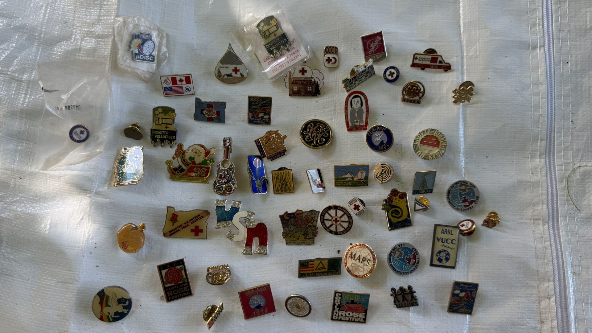 Vintage Pinback Button & Lapel Pin Lot – Red Cross, USSR, States, Radio, Sports Large assorted lot of vintage enamel pins and badges from USA, Ca