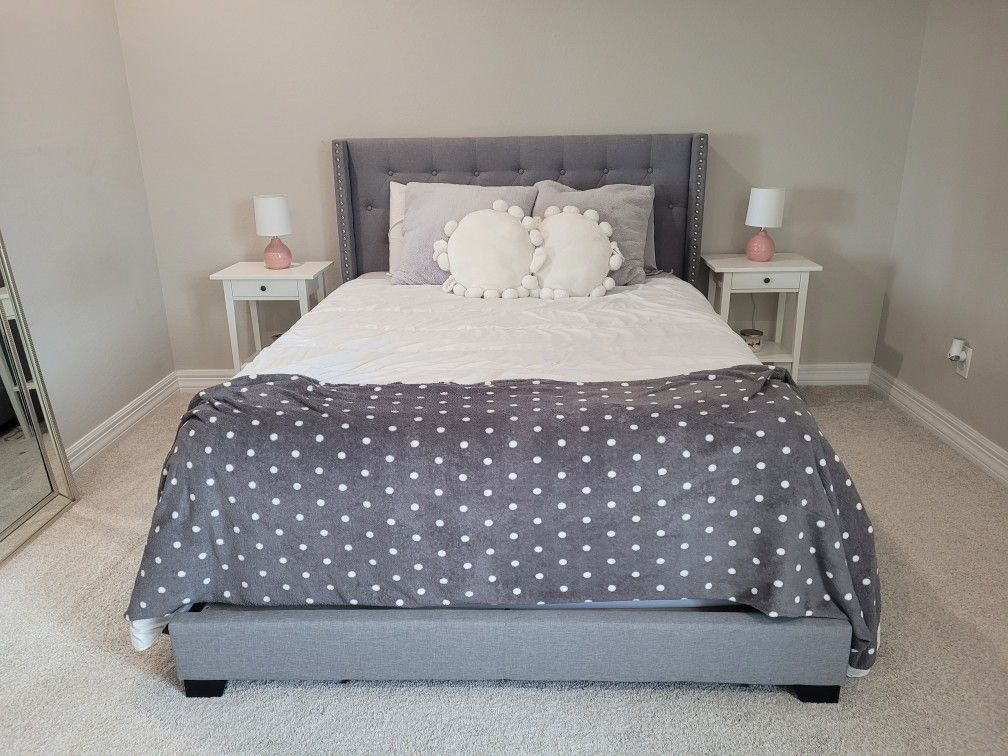 Queen Grey Tufted Upholstered Bed Frame