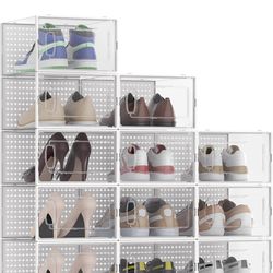 12 Pack Large Modular Clear Plastic Stackable Shoe Storage Organizer for Closet