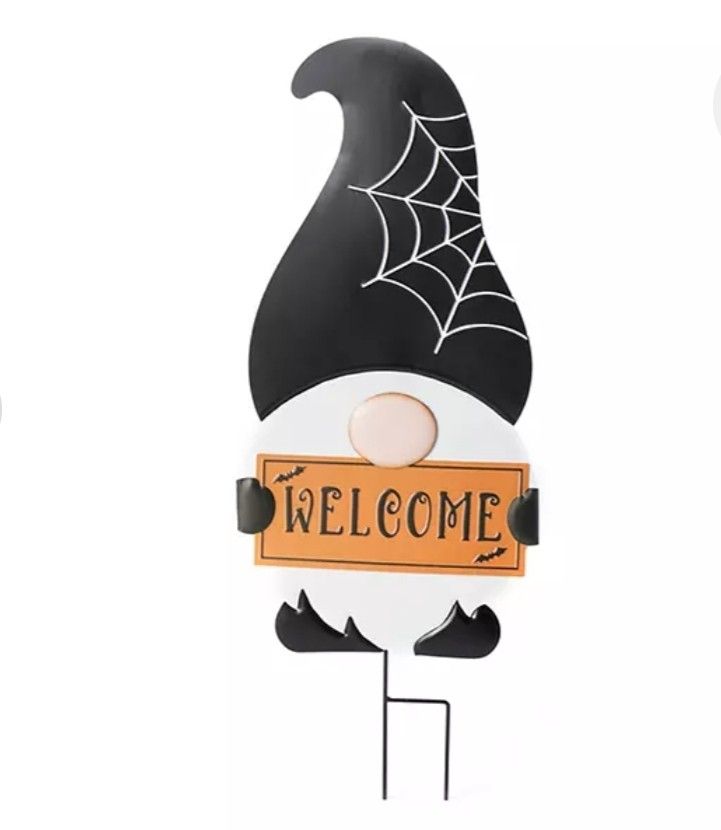 "Welcome" Black & Orange Spiderweb Gnome Yard Stake