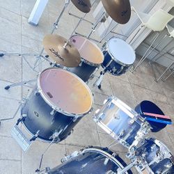 9 Piece Drum set With Sticks, Chair, And Iron Cobra Bass Drum Pedal